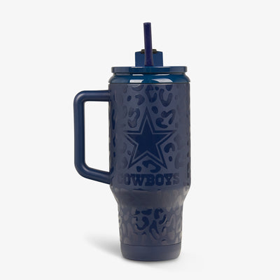 Front View | Dallas Cowboys 32 Oz Leopard Flip ‘n’ Sip Travel Mug::::Glossy leopard print & team logo