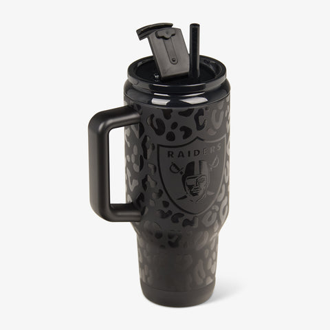 Angle View | Las Vegas Raiders 32 Oz Leopard Flip ‘n’ Sip Travel Mug::::Fits in most cup holders