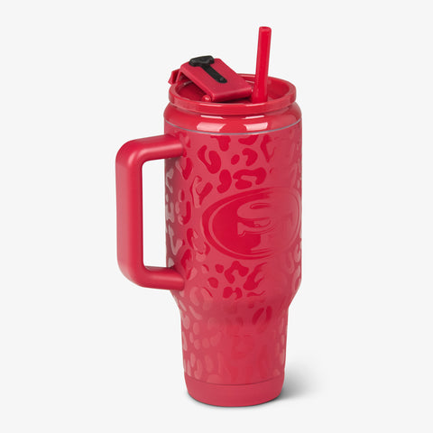 Angle View | San Francisco 49ers 32 Oz Leopard Flip ‘n’ Sip Travel Mug::::Fits in most cup holders