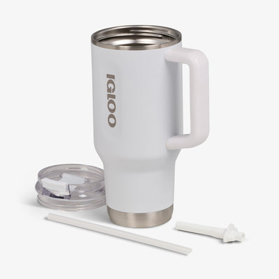 Lid Off View | 32 Oz Flip ‘n’ Sip Travel Mug::White::Double-wall, vacuum-insulated