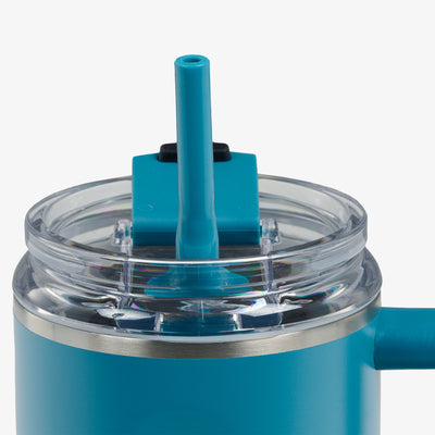 Profile View | 32 Oz Flip ‘n’ Sip Travel Mug::Modern Blue::Gasketed, leak-resistant straw