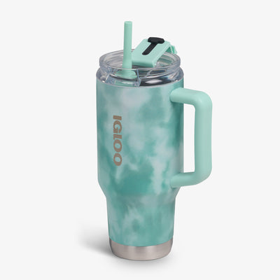 Angle View | 32 Oz Flip ‘n’ Sip Travel Mug::Seafoam::Fits in standard cup holders