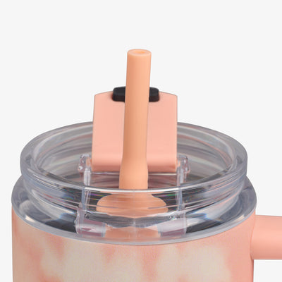 Profile View | 32 Oz Flip ‘n’ Sip Travel Mug::Apricot::Side handleStraw View | 32 Oz Flip ‘n’ Sip Travel Mug::Apricot::Gasketed, leak-resistant straw